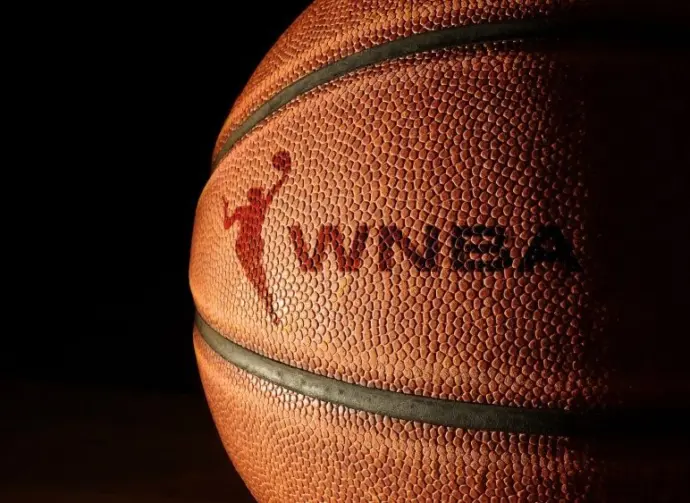 Closeup of a basketball with the WNBA logo and text Raleigh^ NC - USA - 06-13-2024