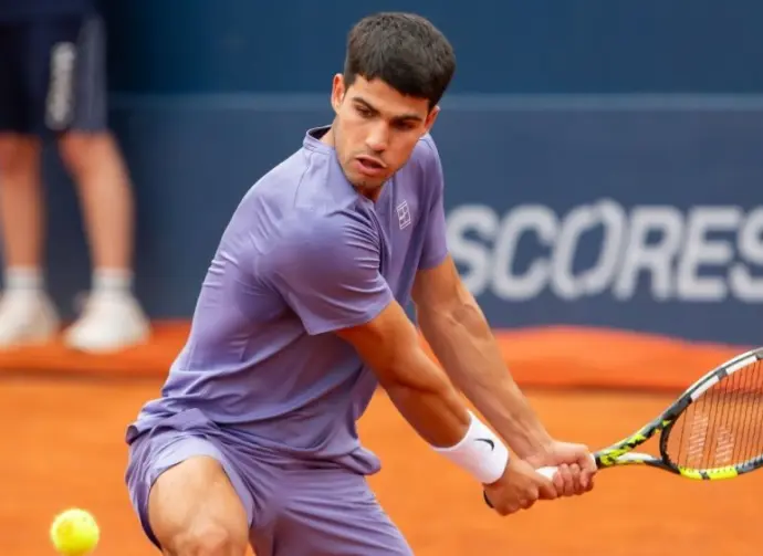 Pro tennis player Carlos Alcaraz on Tennis court at Conde de Godó tournament held in Barcelona. ATP 500. Barcelona^ ​​Spain- April 12^ 2025