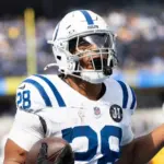 Indianapolis Colts running back Jonathan Taylor #28 runs for a touchdown against the Los Angeles Chargers during an NFL football game at SoFi Stadium^ Oct. 19^ 2025^ in Inglewood^ Calif.