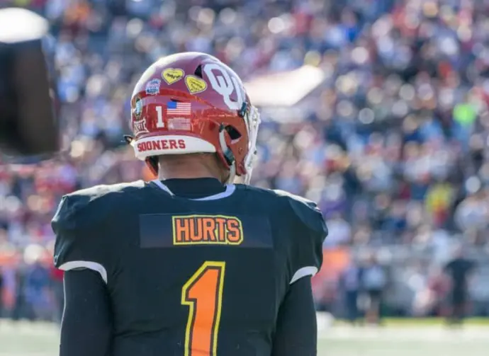 QB Jalen Hurts looks onto the field during 2020 Senior Bowl football ball game Mobile^ Alabama USA - January 25 2020