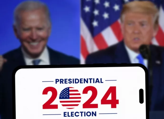Donald Trump vs Joe Biden. The 2024 American presidential election concept^ with Donald Trump and Joe Biden in the background.