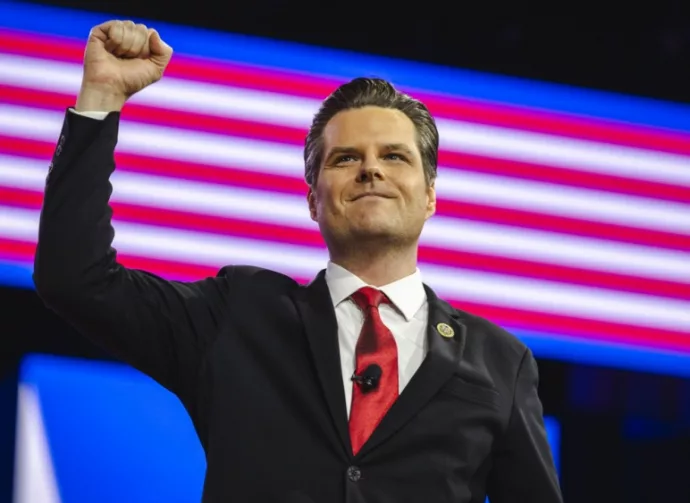 Rep. Matt Gaetz (R-Fla.) speaks at CPAC. NATIONAL HARBOR^ MD^ USA- February 24^ 2024