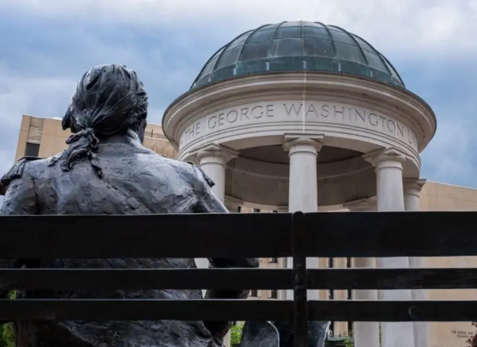 The George Washington University Foggy Bottom Campus is seen in Washington^ DC^ on May 23^ 2025. The University has been a part of the Foggy Bottom neighborhood since 1912.