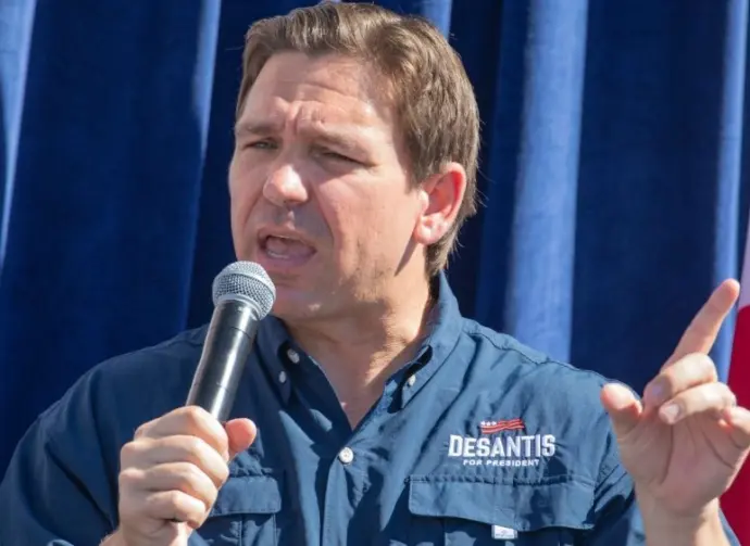 Florida Republican Governor and presidential candidate Ron DeSantis greets supporters at the Iowa State Fair fair side chats in Des Moines^ Iowa. Des Moines^ Iowa^ USA - August 12^ 2023