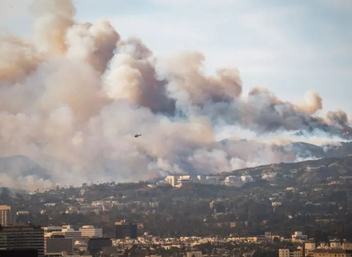 Wildfire in Pacific Palisades^ Los Angeles^ January 8^ 2025^ towards Getty Center and Brentwood. Images showcase dense smoke clouds^ burning hillsides^ and urban areas at risk. 2pm - 3pm.