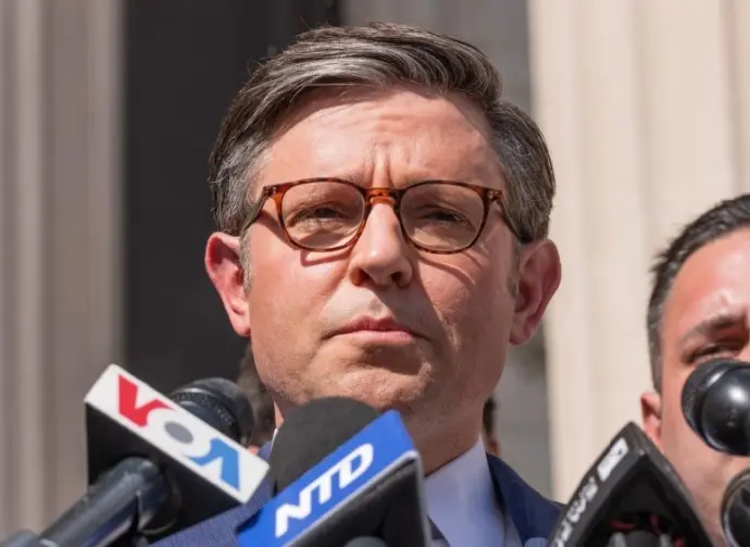 US House Speaker Mike Johnson speaks during a press briefing at Columbia University in New York on April 24^ 2024.