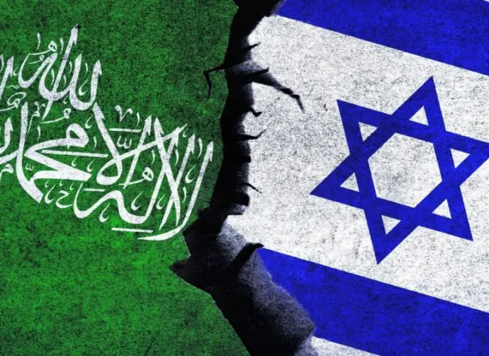 Israel vs Hamas concept flags on a wall with a crack. Hamas and Israel political conflict^ economy^ war crisis^ relationship^ trade concept