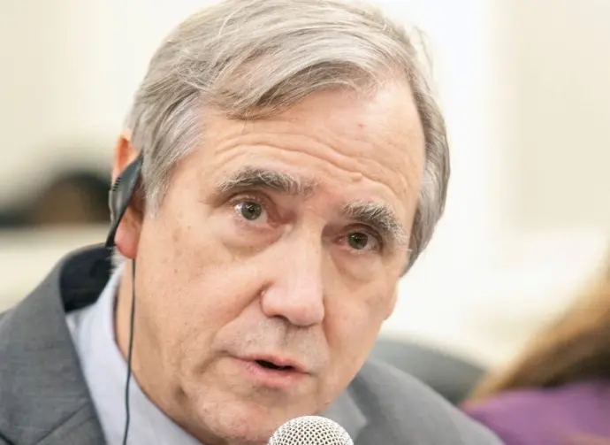 Senator Jeff Merkley (D-Oregon) speaks during a meeting with President-elect Bernardo Arevalo and a bicameral delegation from US Congress and House. Guatemala City^ Guatemala^ 10/12/23