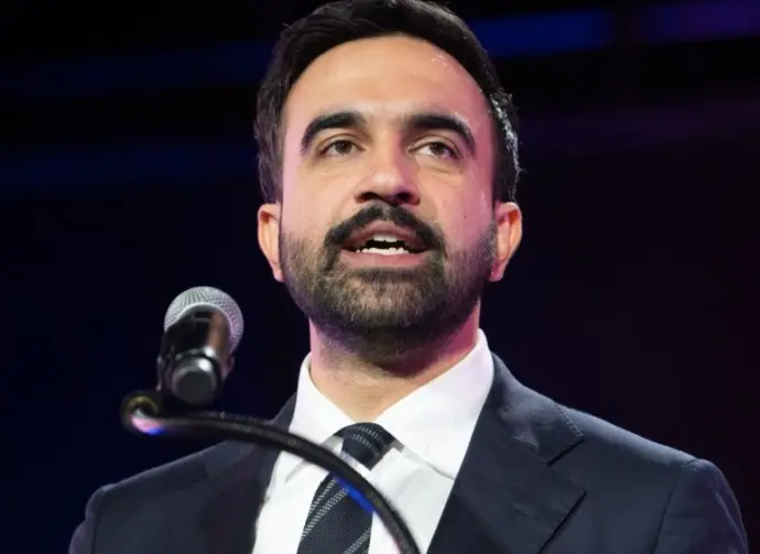 Mayoral candidate Zohran Mamdani speaks during 'New York is not for sale' rally at Forest Hill Stadium in New York on October 26^ 2025.