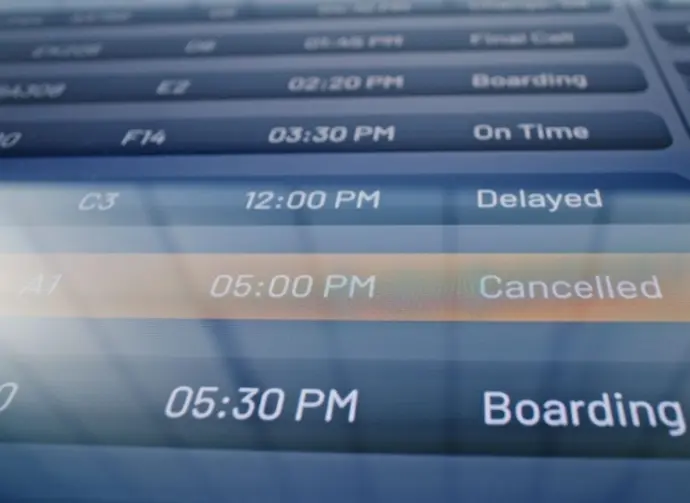 International Airport Terminal: Arrival and Departure Information Display with Flight Data Showing Destination^ Gate^ Time and Status of Flights. Schedule Board of Airplanes For Travelers. Close Up.