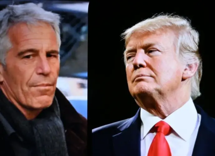 Conceptual editorial image showing U.S. President Donald Trump and Jeffrey Epstein on the screen. For editorial use only. New York U.S 27.07.2025