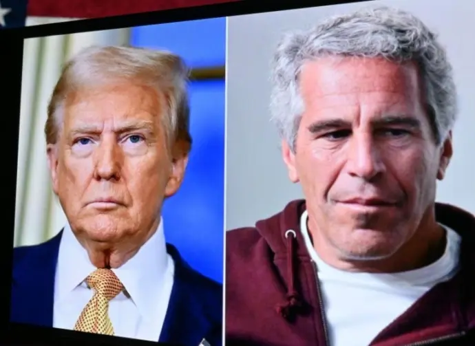Editorial image showing U.S. President Donald Trump and Jeffrey Epstein on the screen. For editorial use only. New York U.S 27.07.2025