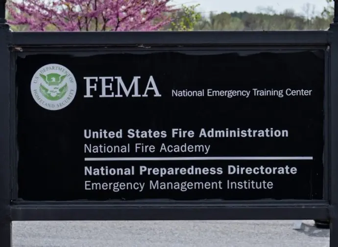 Sign at the entrance to the FEMA National Emergency Training Center. Emmitsburg^ Maryland - April 23^ 2024