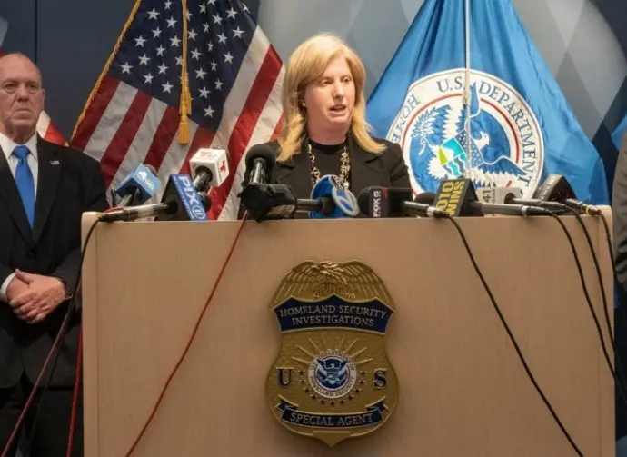 Police Commissioner Jessica Tisch speaks during Homeland Security Investigation announcement at New York office of arrest of alleged Tren De Aragua gang members. New York^ NY - April 22^ 2025