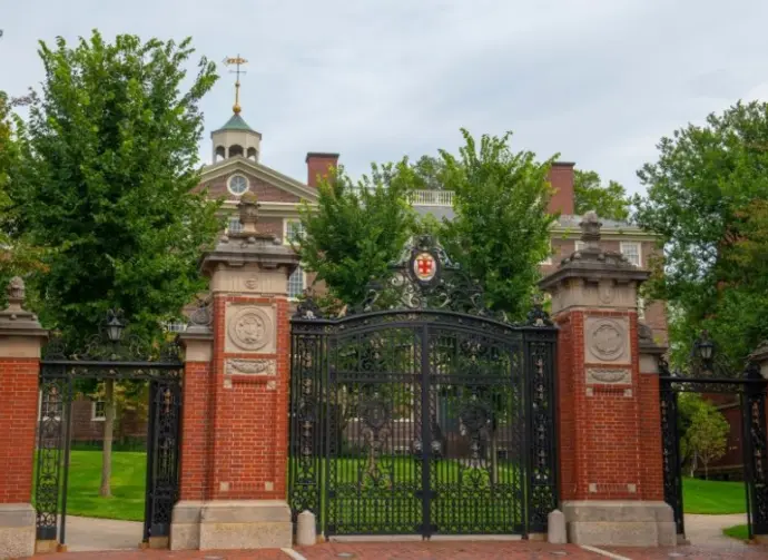 Van Wickle Gates is the main entrance to Brown University main campus on Prospect Street at College Street on College Hill in city of Providence^ Rhode Island RI^ USA.