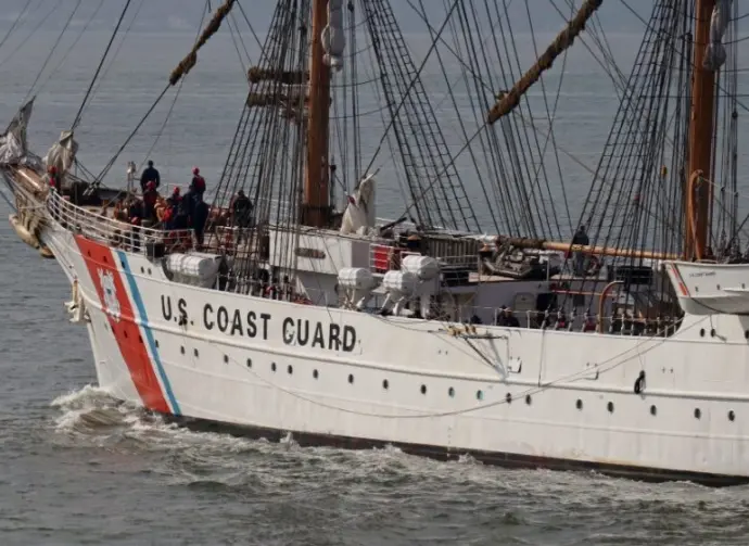 The United States Coastguard tall ship USCGC EAGLE sails from Portsmouth after a courtesy visit to the city PORTSMOUTH^ UK – APRIL 30TH 2019
