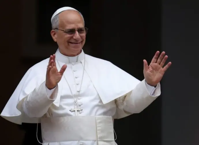 Pope Leo XIV at the gates of the Apostolic Palace before thousands of faithful in Castelgandolfo. Italy - August 17^ 2025