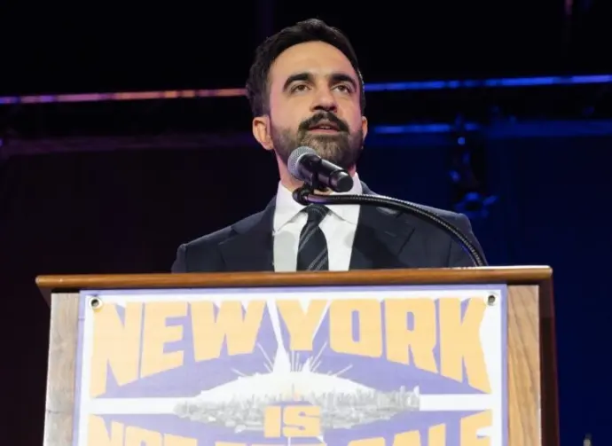 NYC Zohran Mamdani speaks during 'New York is not for sale' rally at Forest Hill Stadium in New York on October 26^ 2025.