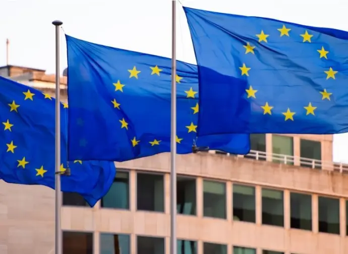 Flags of the European Union in Brussels. 17-12-2018