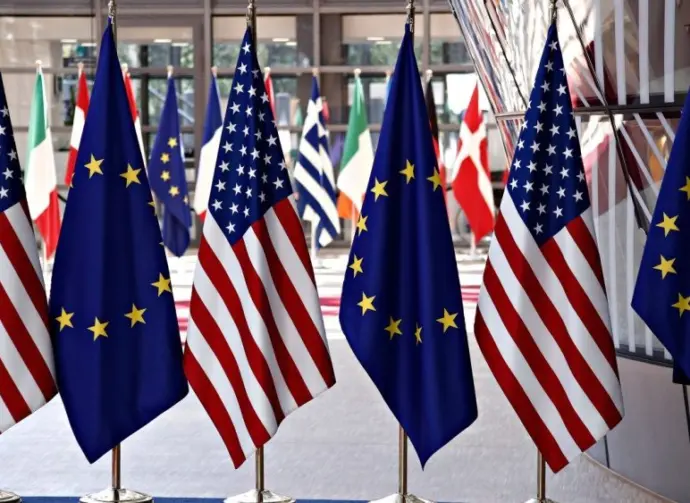European and US flags in European Council in Brussels^ Belgium on May 25^ 2017.