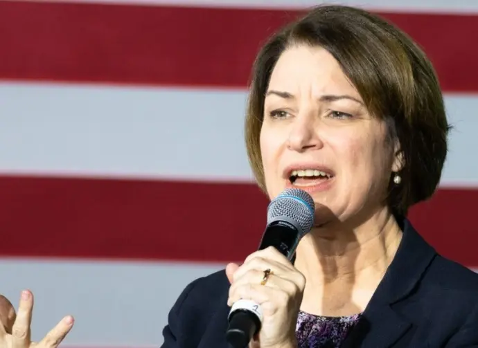 Democratic Sen. Amy Klobuchar delivers a speech during a rally for her presidential campaign at the State Theater in Falls Church^ Virginia just days before Super Tuesday Falls Church^ VA - February 28^ 2020