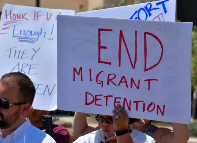 People demonstrating against children being held in the Clint^ Texas Border Patrol facility. Conditions there have been described as squalid^ inhumane and abusive. Clint^ Texas / USA - 29 June 2019