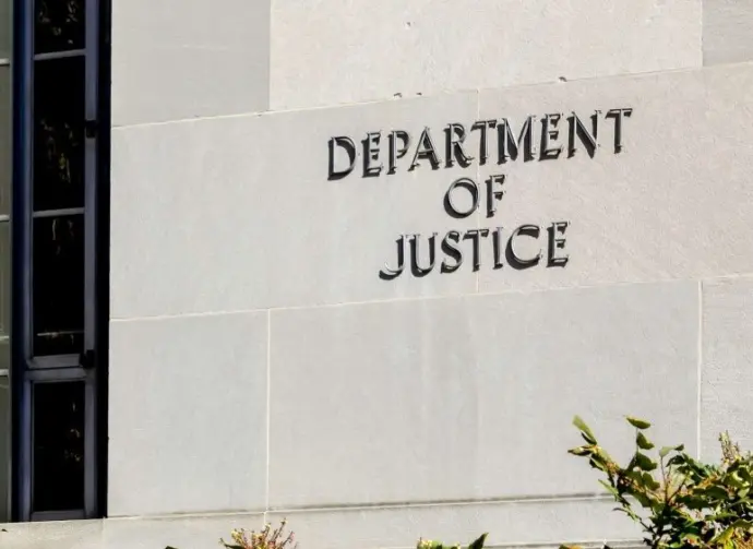 Sign of United States Department of Justice(DOJ) on their headquarters building in Washington^ D.C. USA. Washington D.C.^ USA - March 1^ 2020: