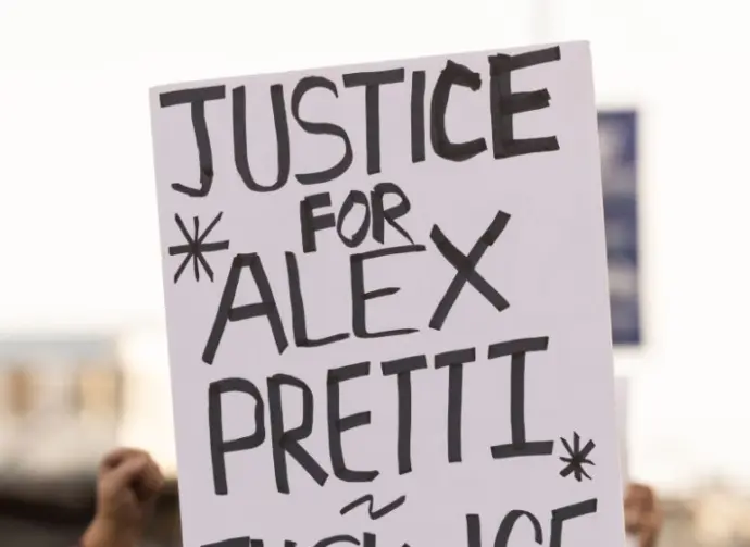 People protest the ICE killing of Alex Pretti in front of the downtown Federal Building. Los Angeles^ California^ USA - January 25^ 2026