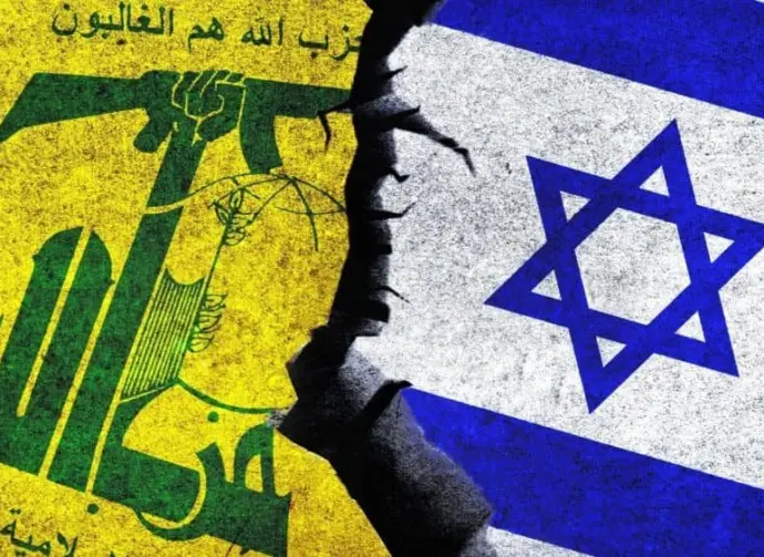 Israel and Hezbollah flags together. Hezbollah and Israel political conflict^ war crisis^ relations concept
