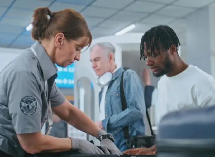 Security Checkpoint in Airport Terminal: Female TSA Worker Inspecting Baggage of Passenger before Boarding Flight^ Finding and Confiscates Liquid. Queue of Diverse People During Screening Procedures.