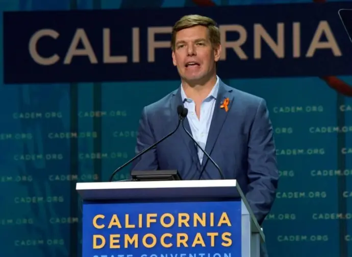 Presidential candidate Eric Swalwell^ Congressman^ speaking at the Democratic National Convention inside Moscone center. San Francisco^ CA - June 01^ 2019