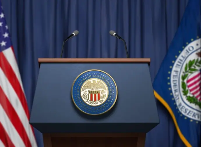 Federal Reserve System Fed of USA chairman press conference concept. Tribune with symbol and flag of FRS and United States. 3d illustration