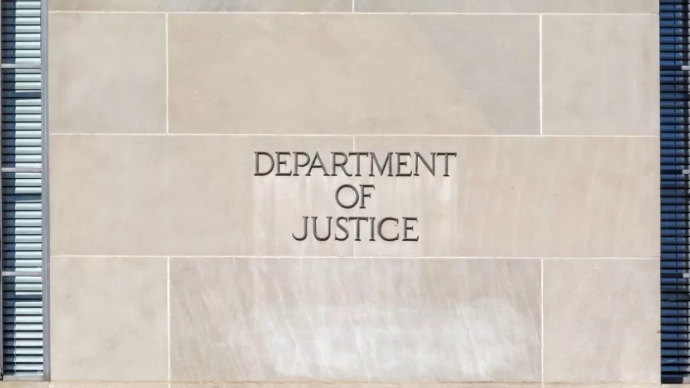 Sign of United States Department of Justice(DOJ) outside their headquarters building in Washington^ D.C. USA. Washington D.C.^ USA - march 1^ 2020