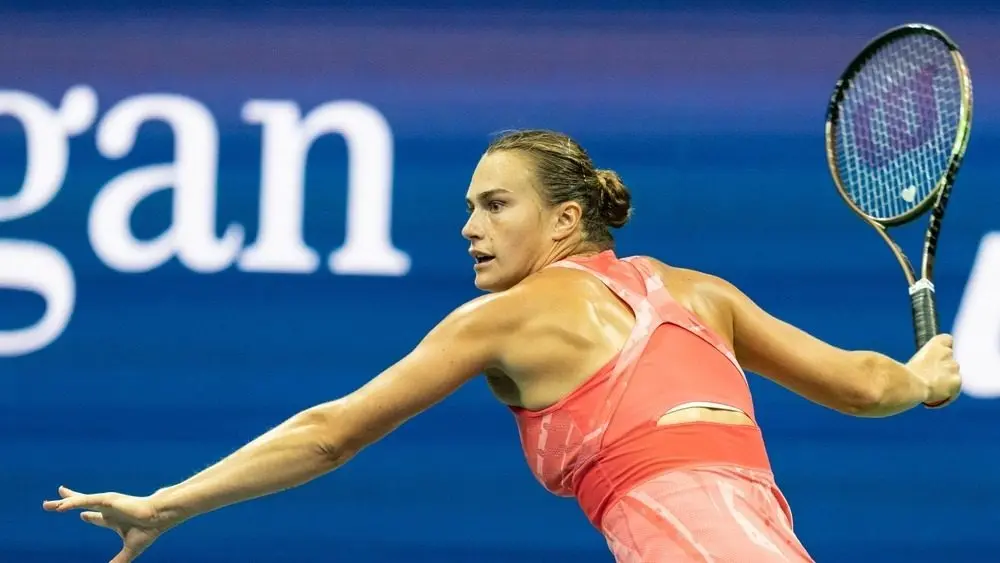 Aryna Sabalenka return ball during final match of women's singles tournament against Coco Gauff of USA at US Open Championships at Billie Jean King Tennis Center in New York on September 9^ 2023
