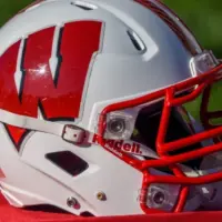 Chicago^ IL September 25^ 2021^ University of Wisconsin Badgers college football helmet^ red and white^ W logo^ American Football^ Big Ten