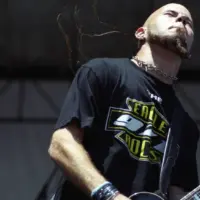 Guitarist C.J. Pierce of the Heavy Metal band Drowning Pool performs in concert June 6^ 2001 at Mile High Stadium in Denver^ CO.