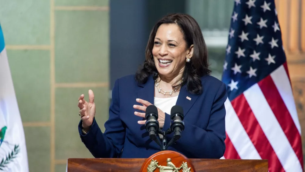 Vice President Kamala Harris g a press conference after meeting with Guatemala's President and community leaders to discuss migration and corruption control. Guatemala - Guatemala City 07-06-2021. USA