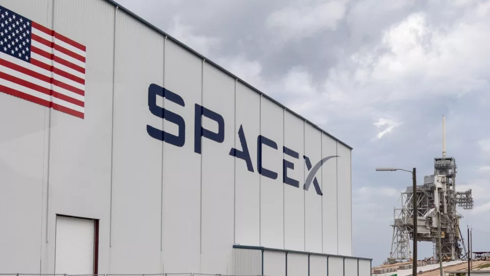 Spacex building with Launch pad 39 at Cape Canaveral^ Kennedy Space Center with blue cloudy sky background. Elements of this image furnished by NASA.