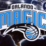 Orlando Magic basketball team badge lies on United States map background banner