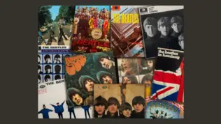 The Beatles LP vintage vinyl records cover collection from in a pile.