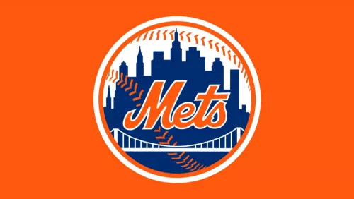 New York Mets logo^ Major League Baseball National League East Division^ with orange background