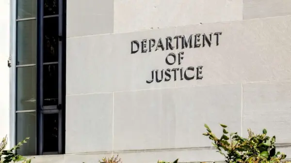 Sign of United States Department of Justice(DOJ) on their headquarters building in Washington^ D.C. USA. Washington D.C.^ USA - March 1^ 2020: