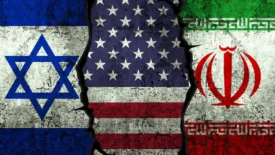 Israel^ United States and Iran flags on the textured wall^ political conflict concept background with clash. War^ trade^ diplomatic. USA negotiation