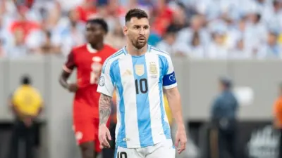 Lionel Messi (10) of Argentina in play during Conmebol Copa America 2024 semifinal match against Canada at MetLife Stadium in East Rutherford^ NJ on July 9^ 2024