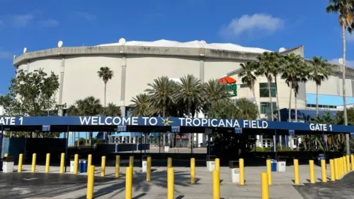 A path leads to the entrance of Tropicana Field^ a domed baseball stadium in St Petersburg^ Florida and home to the Tampa Bay Rays St Petersburg^ FL^ USA May 2^ 2024