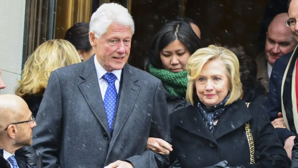 Bill & Hillary Clinton at funeral services held for former New York governor Mario Cuomo at St. Ignatius Loyola Church on Manhattan's Upper East Side. NEW YORK CITY - JANUARY 6 2015