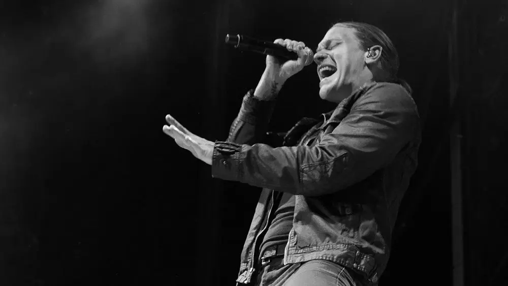 Brett Smith from Shinedown gets into his performance at the Rockstar Uproar Festival on September 25^ 2012 in Nampa^ Idaho.