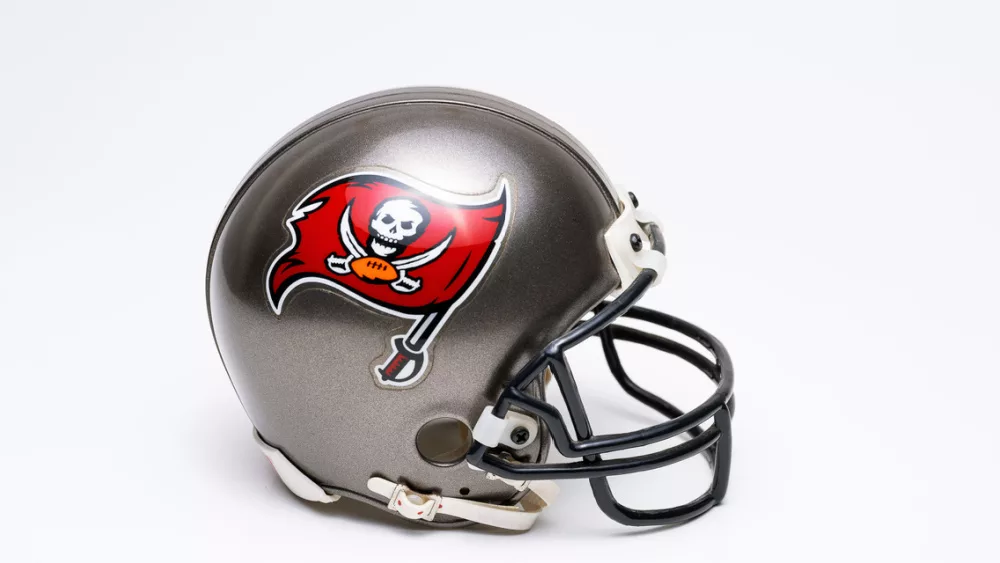 Tampa Bay Buccaneers helmet in Super Bowl LV^ on white background.