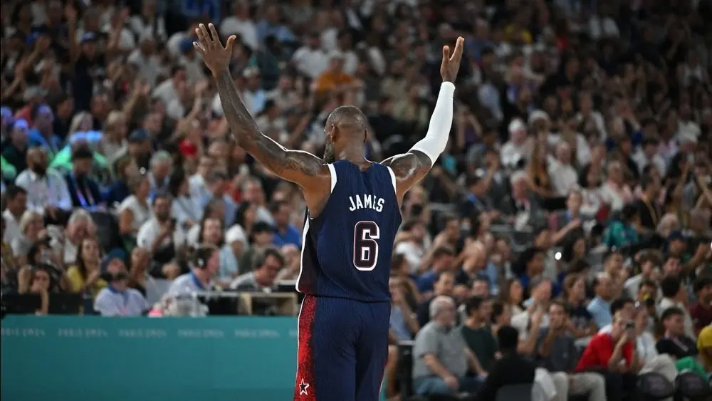 LeBron James shown during Olympic Games match between the United States and Brazil at the Bercy Arena in Paris-France^ August 6^ 2024