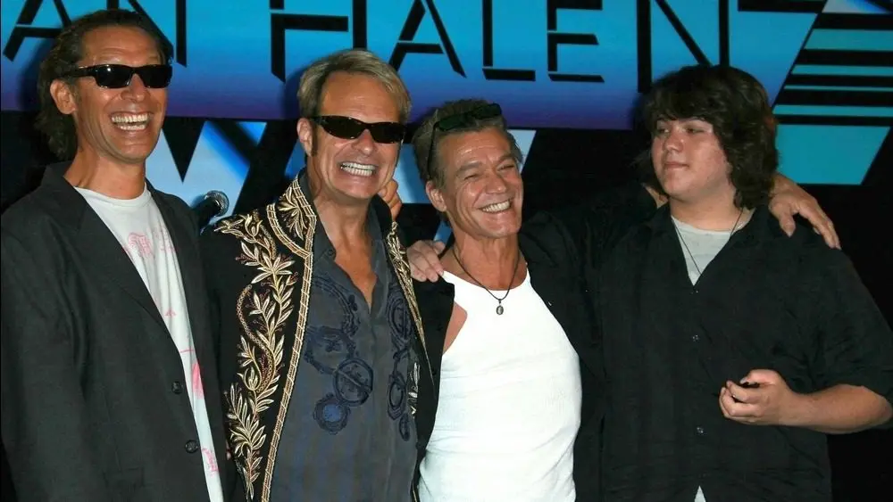 Alex Van Halen and David Lee Roth with Eddie Van Halen and Wolfgang Van Halen at the Van Halen Reunion Tour Press Conference. Four Seasons Hotel^ Los Angeles^ CA. 08-13-07